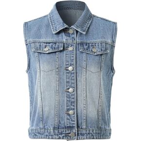 Rhomba Women's Button Down Sleeveless Cropped Denim Vest Classic Summer Collar Jean Vest