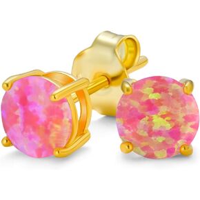 Golden Created Opal Round Solitaire Stud Earrings 14K Gold Plated Sterling Silver 6MM October Birthstone More Colors