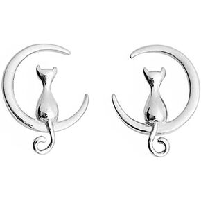 TMCO 925 Sterling Silver Girl Cute Cat and Moon Stud Earrings Best Gift