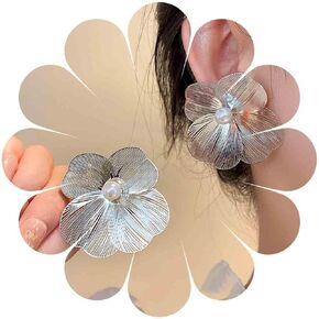Boho Exaggerated Pearl Flower Earrings Silver Metal Flower Earrings Large Statement Floral Earrings Vintage Pearl Petal Stud Earrings Hollow Filigree Earrings Jewelry for Women and Girls