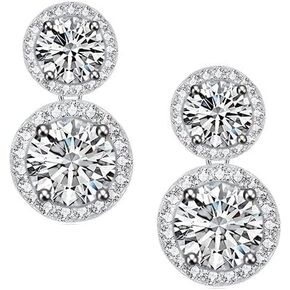 Savlano 14K White Gold Plated 6MM /10MM Round Cubic Zirconia Halo Double-Drop Stud Earrings, Comes with Gift Box for Women & Girls