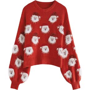 CHICWISH Women's Black/Green/Pink/Red Fuzzy Santa Claus Knit Top