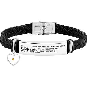 Uloveido Faith Can Move Mountains Bracelet, Encouragement Gifts Black Braided Leather Cuff Bracelet Charms with Heart Mustard Seed for Men Women Dad Boys Friends Birthday Gift