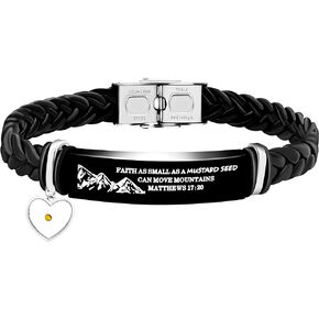 Uloveido Faith Can Move Mountains Bracelet, Encouragement Gifts Black Braided Leather Cuff Bracelet Charms with Heart Mustard Seed for Men Women Dad Boys Friends Birthday Gift