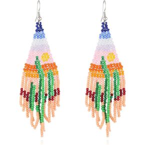 DoreenBow Boho Beaded Fringe Earrings Long Beaded Tassel Earrings Seed Bead Dangle Earrings Native American Earrings