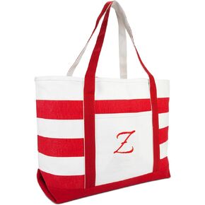 DALIX Beach Tote Bag Shoulder Bags Striped Monogrammed Red Ballent Letter A - Z