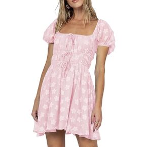 ZAFUL Women 2023 Summer Square Neck Short Puff Sleeve Mini Dress Aline Dress with Elastic Waist