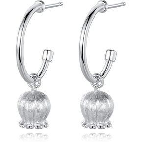 925 Sterling Silver Lily of The Valley Dangle Hoop Earrings for Women, 18K Gold Plated Romantic Flower Drop Stud Earrings, Statement Silver Women's Jewelry