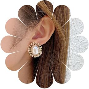Vintage Oval Pearl Stud Earrings Half Pearl Earrings Hollow Hoop Circle Earrings Pearl Wedding Earrings Jewelry for Women and Girls
