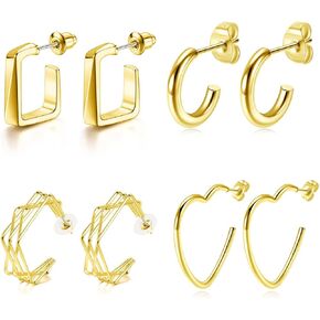 BOPREINA 4 Pairs Hoop Earrings for Women Stainless Steel Hypoallergenic Geometric Hoops Cubic Zirconia Huggie Earrings Ear Piercing Loop Earrings Set in Kuwait