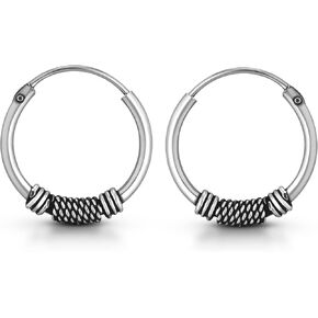 AeraVida Vintage Tribal Balinese 14mm Sterling Silver Hoop Earrings | Classic Sterling Silver Huggies Earrings | Vintage Earrings for Women | Small Bali Hoop Earrings Set