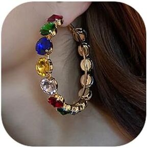 Missgrace Bohemian Dainty Full Shiny Rhinestones Statement Hoop Colorful Crystals Earrings for Women Fashion Circle Earrings Set Gold Stud Hoops Bar Prom Earrings Set for Women Girls