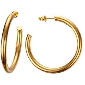 Chunky Tube Hypoallergenic Large Big Hoop Earrings for Women 14K Gold Plated Fashion Dainty Thick Classic Round Huggie Studs Open Half Hoops Lightweight Jewelry Gifts for Birthday Bff Mom