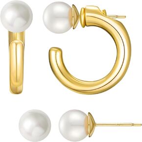 SWEETV 14K Gold 925 Sterling Silver 2 in 1 Stud and Hoop Earrings for Women, Convertible Dainty Pearl Half Hoop Earrings