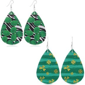 2 Pairs St Patrick's Day Leather Earrings for Women Teen Girls,Lightweight Faux Leather Irish Shamrock Clover Print Dangle Teardrop Earrings Set