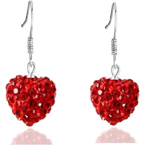 Bellitia Jewelry Red Crystal Love Heart Drop Earrings for Women, 925 Sterling Silver Fashion Dangle Earring Hypoallergenic Hook Earrings