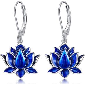 Lotus Flower Earrings Sterling Sliver Blue Lotus Flower Dangle Leverback Earrings Lotus Flower Jewelry Gift for Women Girls