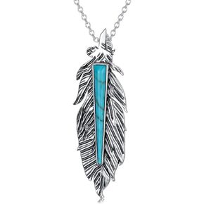 Turquoise Feather Necklace 925 Sterling Silver Genuine Turquoise Vertical Feather Pendant Western Bohemian Animal Jewelry Gifts for Women