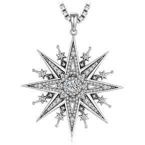 JewelryPalace Huge Gothic Vintage Cubic Zirconia Pendant Necklace for Women, North Star Round 14K White Gold Plated 925 Sterling Silver Necklace for Her, Anniversary CZ Jewelry Sets 18 Inches Chain