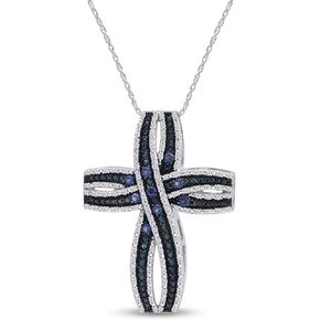Jewel Zone US 0.47 Ct Simulated Blue Sapphire & White Cubic Zirconia Loop Cross Pendant Necklace in925 Sterling Silver