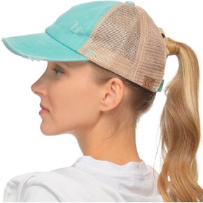 C.C Ponytail Criss Cross Messy Buns Ponycaps Baseball Cap Dad Trucker Mesh Hat (Distressed Mint)