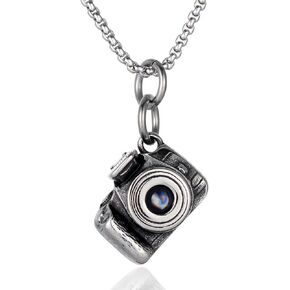 Vintage Stainless Steel Photographer Camera Pendant Necklace with I Love U Image, 24 inches Chain, Mens Womens, Unique