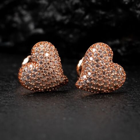 Women's 3D Honey Comb Set Pink 14K Rose Gold Plated 925 Sterling Silver Ladies Girls Iced 5A Cz Screw Back Trendy Cute Heart Stud Earrings For Women Wife Mother in Saudi Arabia