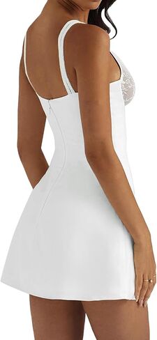 Vrtige Women's Sexy Straps V Neck Lace Trim Sleeveless A Line Party Mini Short Dress in Saudi Arabia