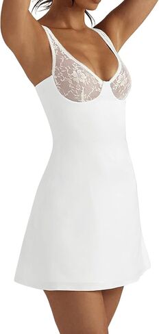 Vrtige Women's Sexy Straps V Neck Lace Trim Sleeveless A Line Party Mini Short Dress in Saudi Arabia