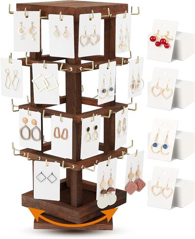 Marsui Wood Rotating Jewelry Tower 64 Hooks Spinning Earring Card Storage Display Keychain Display Stand Jewelry Display for Selling Earring Display with 128 Earring Cards for Store Showcase Show Home in Saudi Arabia