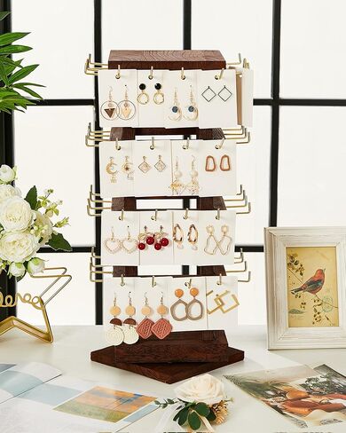 Marsui Wood Rotating Jewelry Tower 64 Hooks Spinning Earring Card Storage Display Keychain Display Stand Jewelry Display for Selling Earring Display with 128 Earring Cards for Store Showcase Show Home in Saudi Arabia