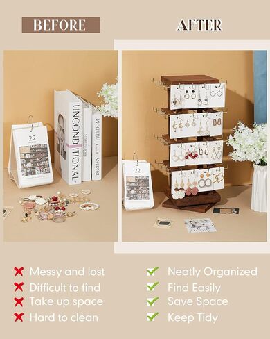Marsui Wood Rotating Jewelry Tower 64 Hooks Spinning Earring Card Storage Display Keychain Display Stand Jewelry Display for Selling Earring Display with 128 Earring Cards for Store Showcase Show Home in Saudi Arabia