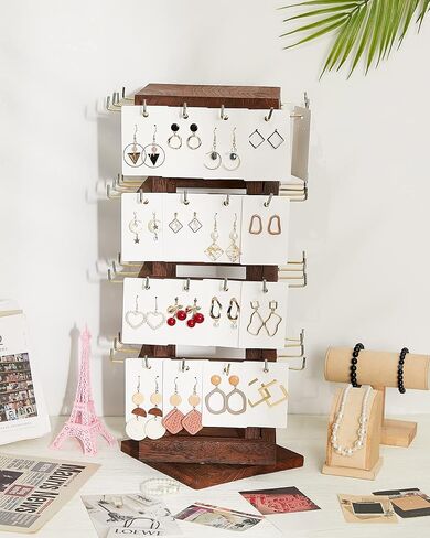 Marsui Wood Rotating Jewelry Tower 64 Hooks Spinning Earring Card Storage Display Keychain Display Stand Jewelry Display for Selling Earring Display with 128 Earring Cards for Store Showcase Show Home in Saudi Arabia