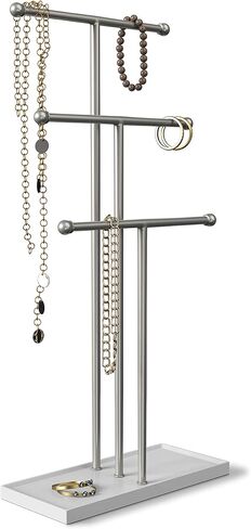 Umbra Hanging Organizer – 3 Tier Table Top Necklace Holder, Box Display with Jewelry Tray Base, Steel, White/Nickel in Saudi Arabia