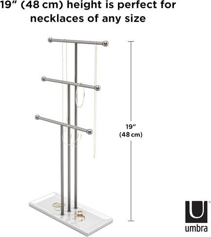 Umbra Hanging Organizer – 3 Tier Table Top Necklace Holder, Box Display with Jewelry Tray Base, Steel, White/Nickel in Saudi Arabia