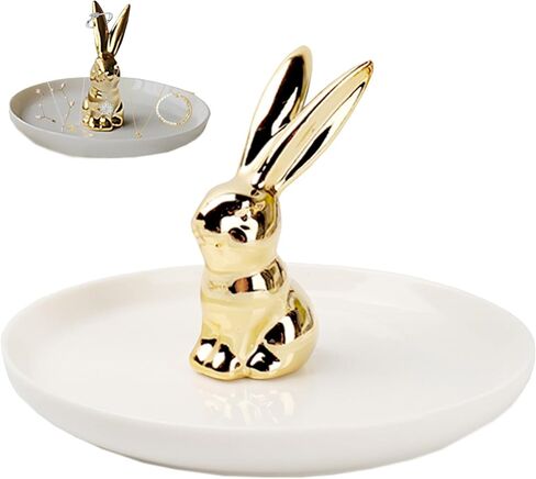 بيكومي حامل خاتم على شكل ارنب مطلي بالذهب، صينية مجوهرات، حامل خواتم للخطوبة والزفاف، حامل خواتم بتصميم ارنب ذهبي لتزيين غرفة المعيشة والحمام in Kuwait