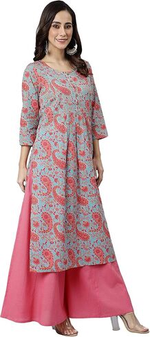 Janasya Women's Day Sky Blue Cotton Floral Print Straight Kurta in Saudi Arabia