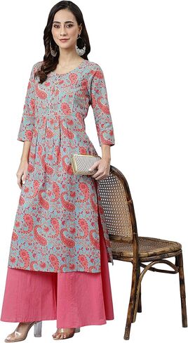Janasya Women's Day Sky Blue Cotton Floral Print Straight Kurta in Saudi Arabia