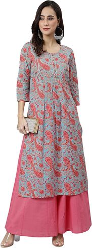 Janasya Women's Day Sky Blue Cotton Floral Print Straight Kurta in Saudi Arabia