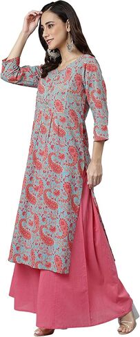 Janasya Women's Day Sky Blue Cotton Floral Print Straight Kurta in Saudi Arabia