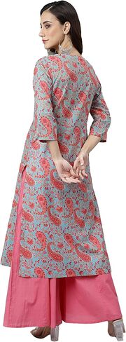 Janasya Women's Day Sky Blue Cotton Floral Print Straight Kurta in Saudi Arabia