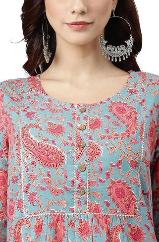 Janasya Women's Day Sky Blue Cotton Floral Print Straight Kurta in Saudi Arabia
