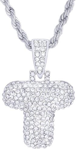 metaltree98 A - Z Initial Bubble Letter Silver Plated Iced CZ Pendant With 20" Rope Chain Necklace in Saudi Arabia