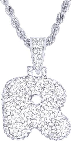 metaltree98 A - Z Initial Bubble Letter Silver Plated Iced CZ Pendant With 20" Rope Chain Necklace in Saudi Arabia