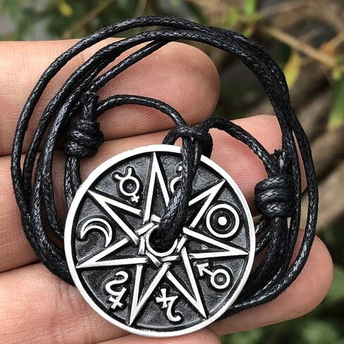 Magic Pagan Jewelry 2 sided Septagram 7 Pointed Fairy Star Heptagram Silver Pewter Unisex Pendant Necklace Money Luck Lucky Charm Protection Amulet Wicca Safe travel Talisman w Black Adjustable Cord in Saudi Arabia