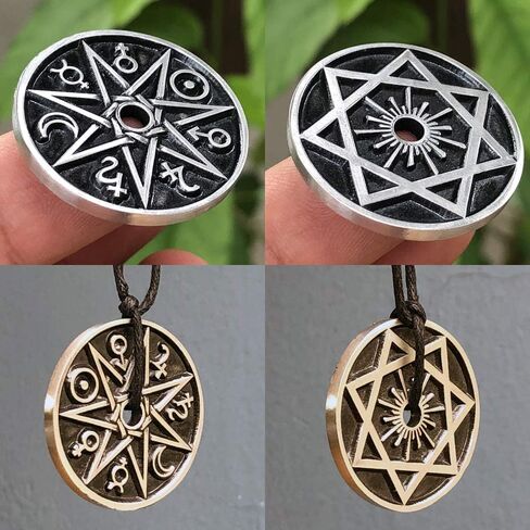 Magic Pagan Jewelry 2 sided Septagram 7 Pointed Fairy Star Heptagram Silver Pewter Unisex Pendant Necklace Money Luck Lucky Charm Protection Amulet Wicca Safe travel Talisman w Black Adjustable Cord in Saudi Arabia