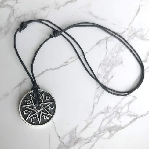Magic Pagan Jewelry 2 sided Septagram 7 Pointed Fairy Star Heptagram Silver Pewter Unisex Pendant Necklace Money Luck Lucky Charm Protection Amulet Wicca Safe travel Talisman w Black Adjustable Cord in Saudi Arabia