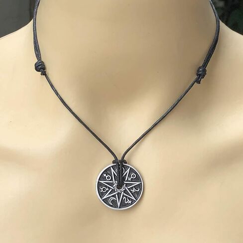 Magic Pagan Jewelry 2 sided Septagram 7 Pointed Fairy Star Heptagram Silver Pewter Unisex Pendant Necklace Money Luck Lucky Charm Protection Amulet Wicca Safe travel Talisman w Black Adjustable Cord in Saudi Arabia