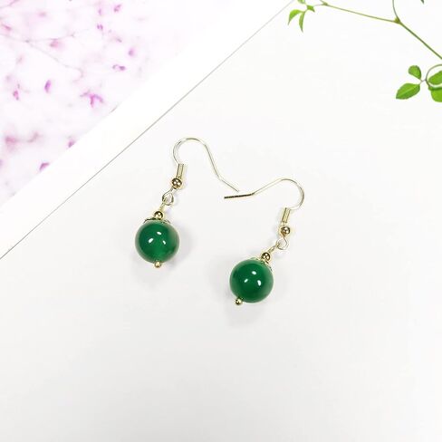 أقراط متدلى من حجر اليشم الأخضر الطبيعي للنساء الفتيات - أقراط قطرة مطلية بالذهب 18 قيراط in Kuwait