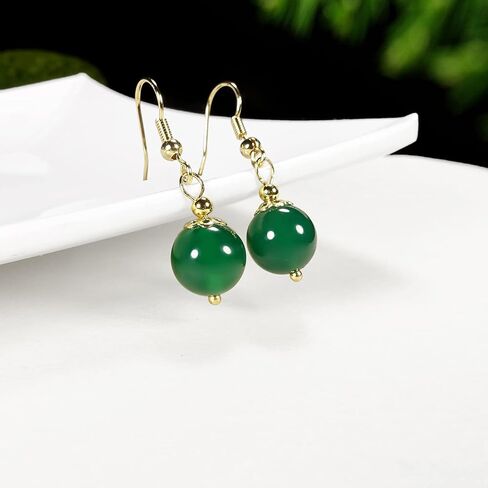 أقراط متدلى من حجر اليشم الأخضر الطبيعي للنساء الفتيات - أقراط قطرة مطلية بالذهب 18 قيراط in Kuwait